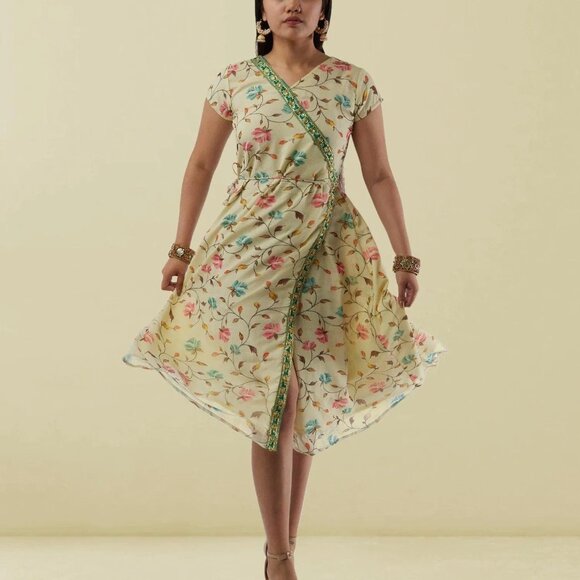 Cream Printed Chiffon Knee-Length Wrap Dress | Muvvas Boutique - Picture 2 of 4